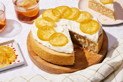 A simple, single layer lemon cake that's frosted and topped with candied lemon slices